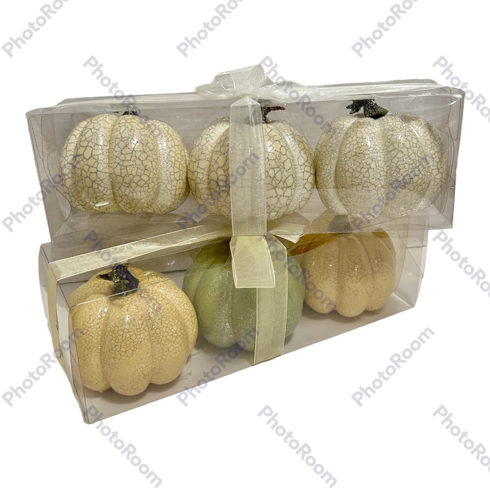 Foam Pumpkin Fall Decor Crackle Effect Green White Yellow 2 Sets of 3 New - Picture 2 of 5